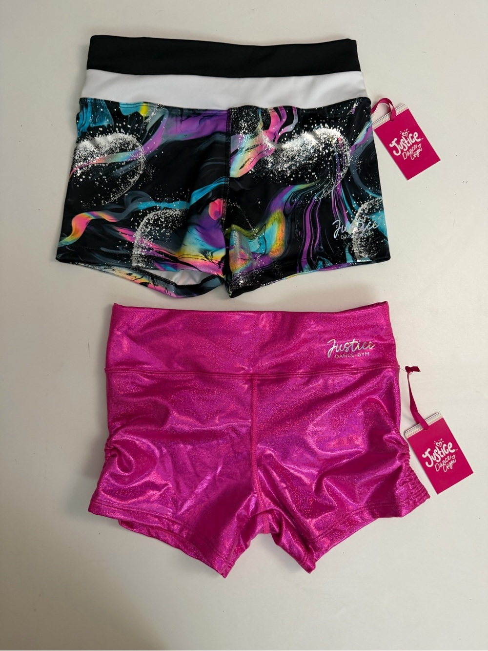 Justice Dance Gym Shorts Gymnastics Sparkle Iridescent Pink Rainbow XL Lot of 2